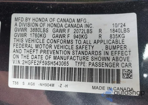 2025 Honda Civic Sport from USA, damaged, VIN 2HGFE2F59SH543065